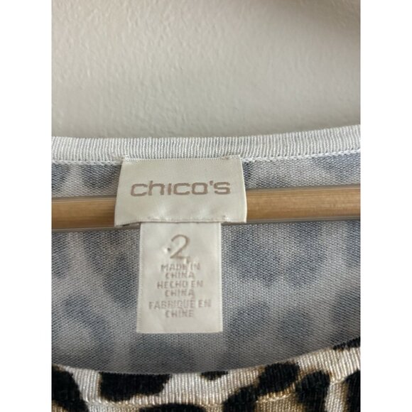 Chico's Animal Print Pullover Top Three Buttons on Sleeve Tan and Black Large - Picture 2 of 11
